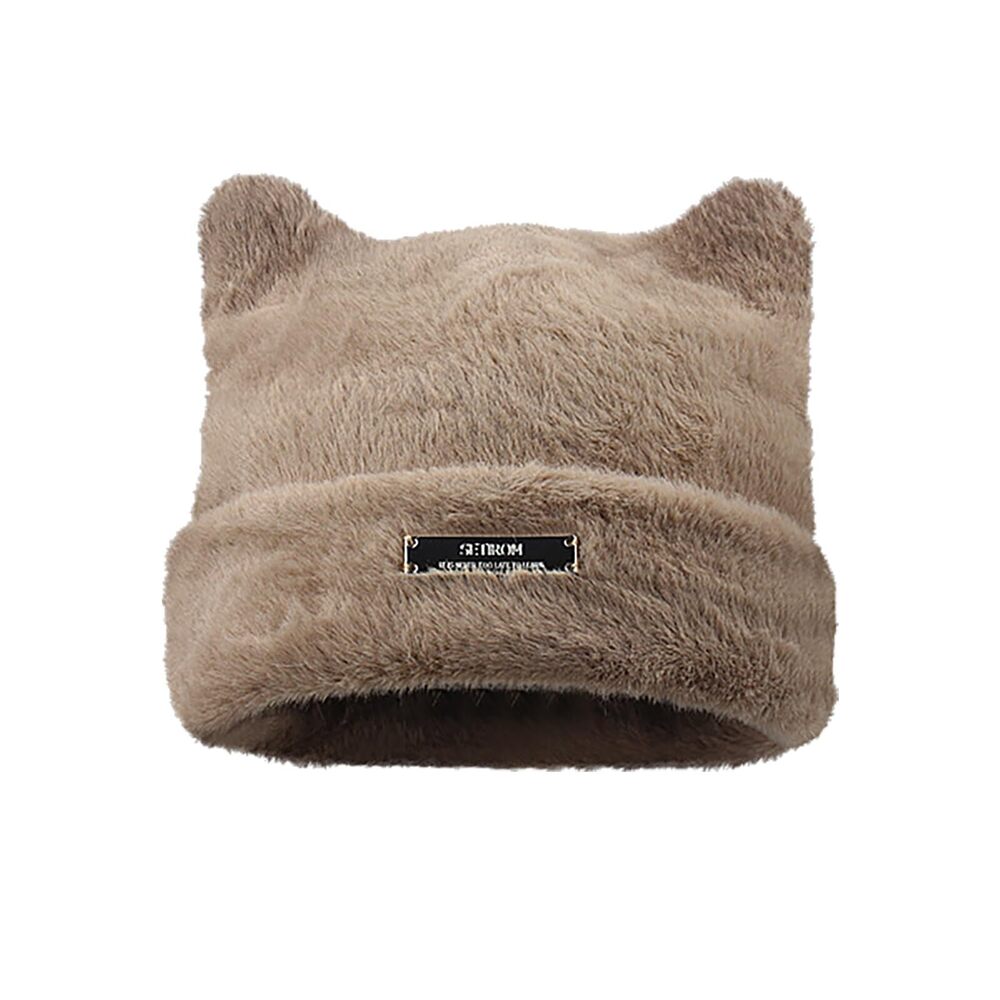 1132 Furry Beanie Fur Fuzzy Cat Warm Hat Plush Slouchy Beanies Khaki